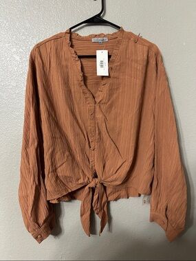 Crinkle Tie-Front Blouse in Burnt Orange by Velvet Heart